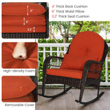 MEDIMALL Outdoor Wicker Rocking Chair, Patio Rattan Rocker w/Lumbar Pillow, Padded Seat & Back Cushions, Metal Frame, Mix Brown Wicker Furniture for Balcony, Porch, Deck, Backyard (Red) MEDIMALL