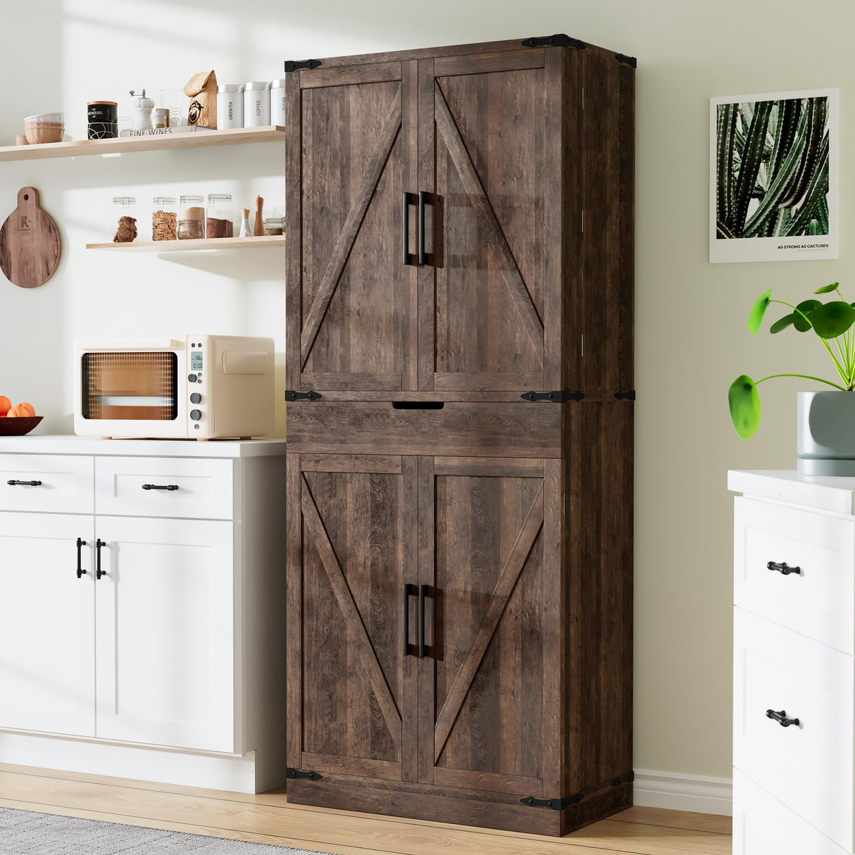 GRUSIGN 72" Tall Storage Cabinet, Kitchen Pantry Cabinet with Adjustable Shelves & Sturdy Steel Frame, Farmhouse Pantry Storage with 4 Barn Doors for Kitchen, Dining Room, and Living Room, Dark Grey GRUSIGN
