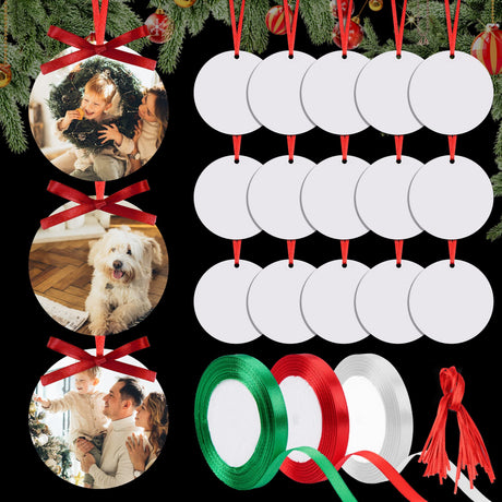 Christmas Sublimation Ornament Blanks 24PCS MDF Sublimation Blank Pendants Bulk Double Sided Printed Round Sublimation Ornaments with 3 Roll Ribbon for Christmas DIY Craft Decoration Supplies Daomong