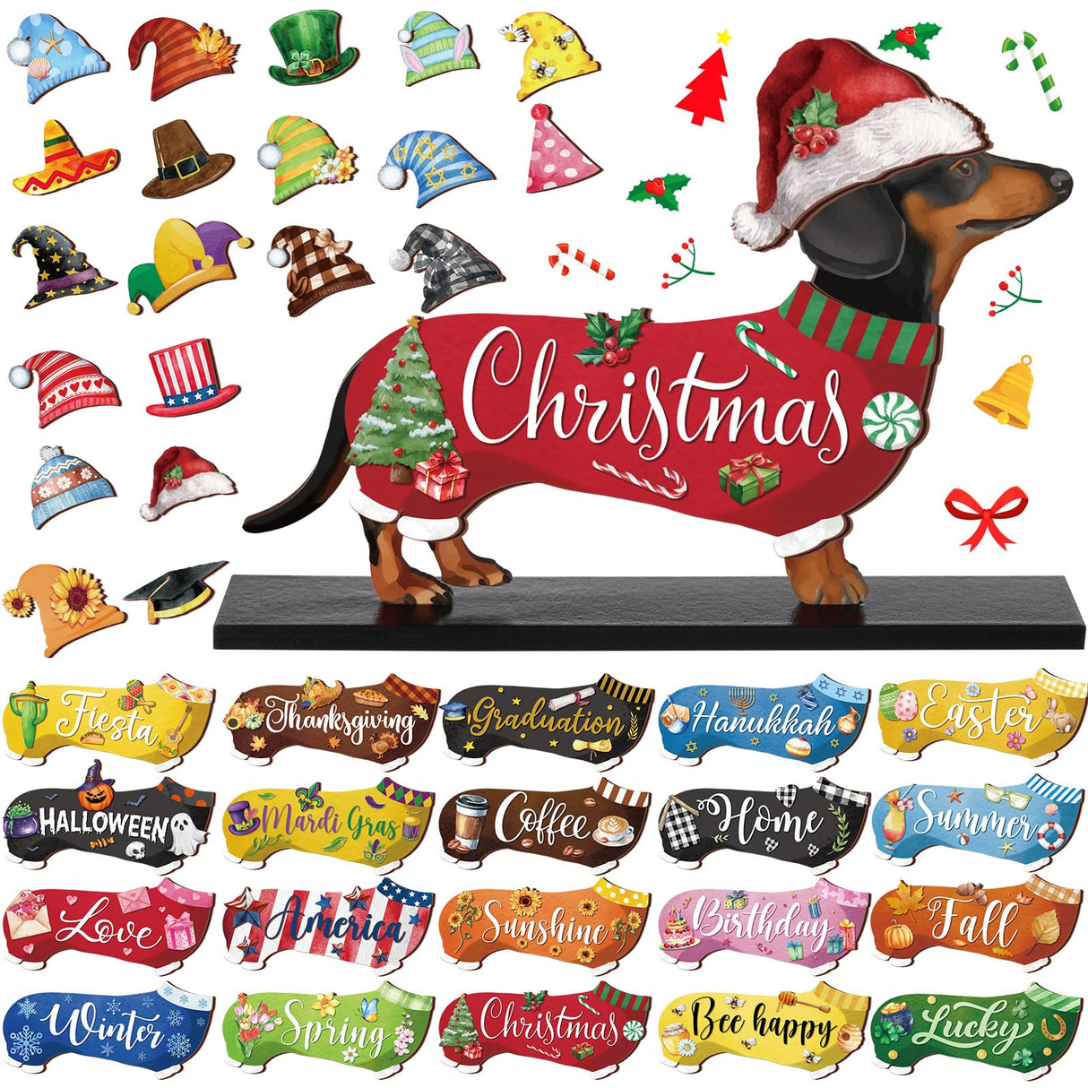 Anglechic 42 Pcs Interchangeable Christmas Dachshund Decor Holiday Seasonal Sign Wiener Dog Thanksgiving Tier Tray Decoration Farmhouse Wood Home Office Desk Accessory Welcome Ornament Pet Lover Gift Anglechic