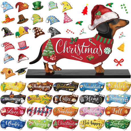 Anglechic 42 Pcs Interchangeable Christmas Dachshund Decor Holiday Seasonal Sign Wiener Dog Thanksgiving Tier Tray Decoration Farmhouse Wood Home Office Desk Accessory Welcome Ornament Pet Lover Gift Anglechic