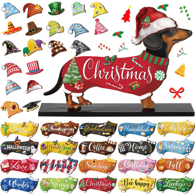 Anglechic 42 Pcs Interchangeable Christmas Dachshund Decor Holiday Seasonal Sign Wiener Dog Thanksgiving Tier Tray Decoration Farmhouse Wood Home Office Desk Accessory Welcome Ornament Pet Lover Gift
