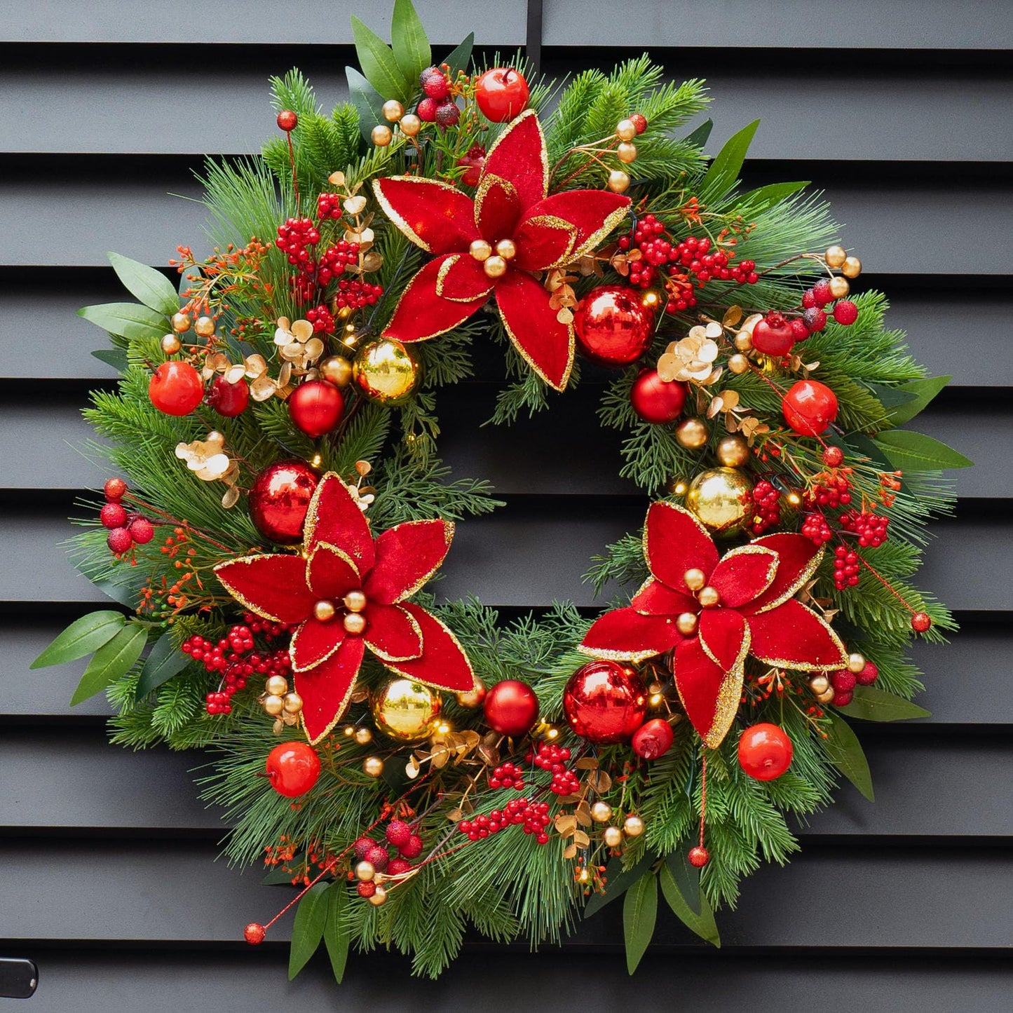 ArcadiaArt Prelit Christmas Wreaths for Front Door- 24 Inch Outdoor Christmas Door Wreath with Lights, Lighted Xmas Wreath with Poinsettia Flowers,Red Berries,Golden Ball- Home Christmas Decorations