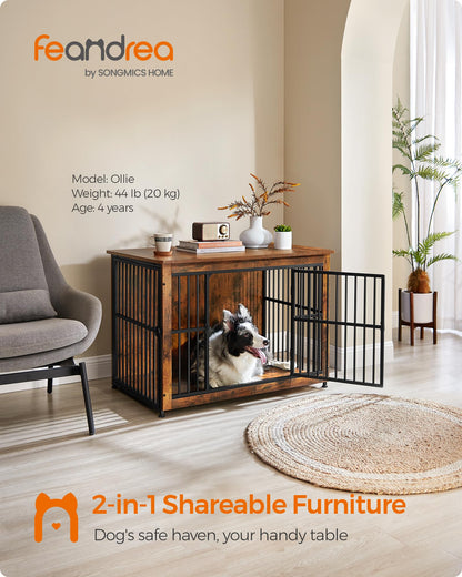 Feandrea Dog Crate Furniture, Side End Table, Modern Kennel for Dogs Indoor up to 70 lb, Heavy-Duty Dog Cage with Enclosed Base, Double-Door Dog House, Rustic Brown UPFC023X01 - WoodArtSupply