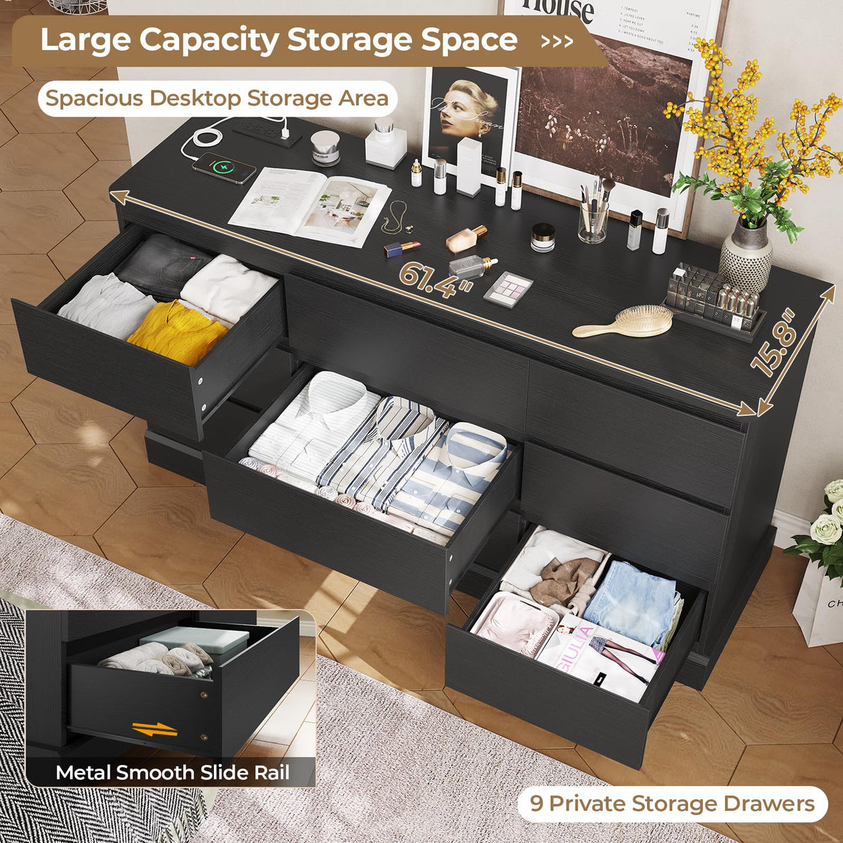 Hasuit Modern Black Dresser for Bedroom with 9 Drawers, 61.4"Wide Dressers Chest of Drawer with Large Capacity Storage, Long Dresser TV Stand with Power Outlets, Sturdy Storage Cabinet for Living Room Hasuit