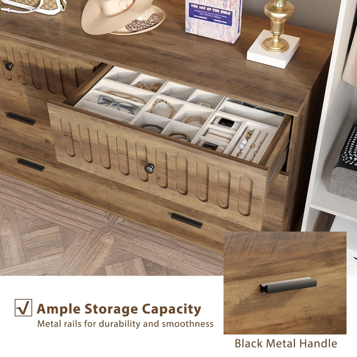 IBF Farmhouse Dresser for Bedroom Modern 6 Drawer Dresser Fluted Chest of Drawers Large Wood Closet Dressers with Anti-Tipping Design for Bedroom, Living Room, Hallway, Entryway, Nursery, Rustic Oak IBF