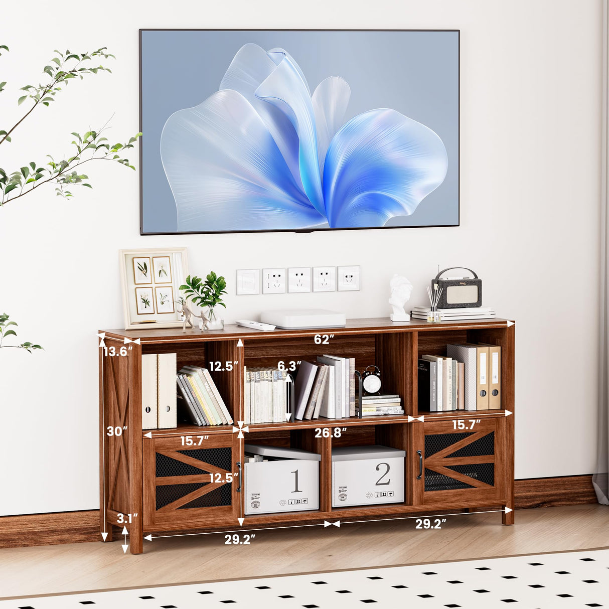 DUDUSHIMAN 8 Cube Storage Organizer Bookshelf with 2 Doors, 2-Tier Mid Century Modern Bookcase, 63" Long Horizontal Cubby Shelf, Wood Bookcase for Small Spaces Living Room DUDUSHIMAN