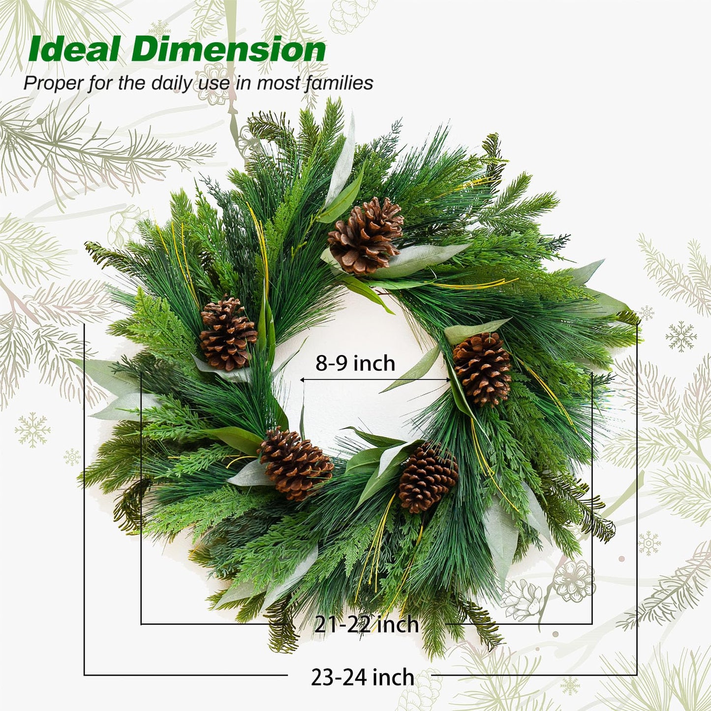 Winter Wreaths for Front Door, Soomeir Evergreen Christmas Wreath with Pine Cones Needles and Leaves, Year Round Decorations for Wall Windows Mantle Indoor Outdoor