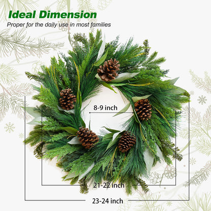 Winter Wreaths for Front Door, Soomeir Evergreen Christmas Wreath with Pine Cones Needles and Leaves, Year Round Decorations for Wall Windows Mantle Indoor Outdoor