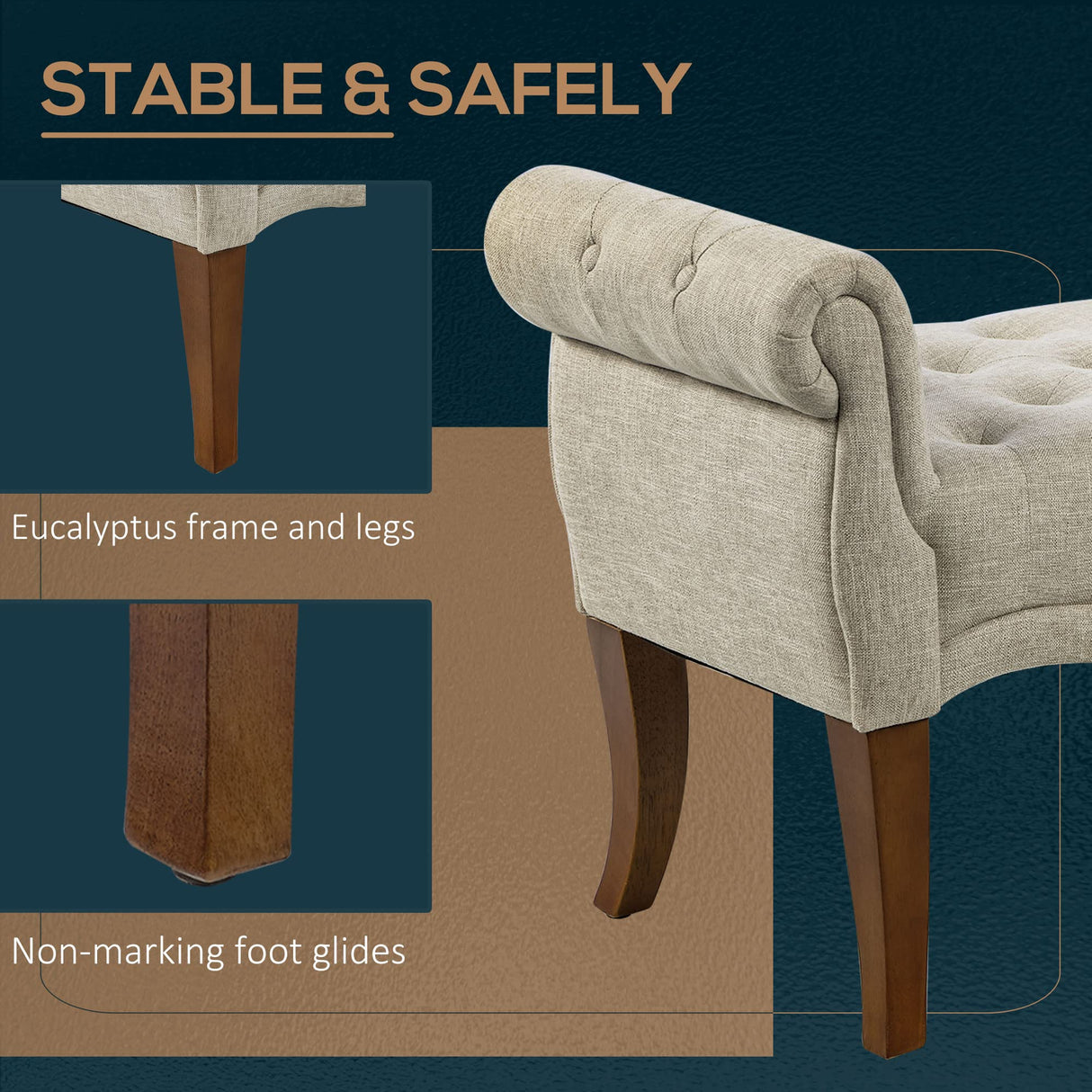 HOMCOM Traditional Style End of Bed Bench, Upholstered Entryway Bench with Button Tufted and Rounded Arm, Beige HOMCOM