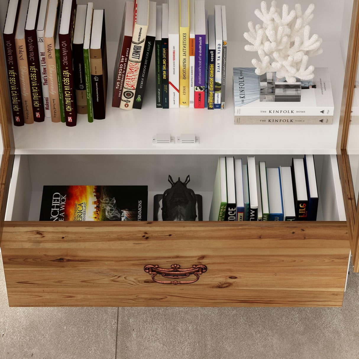 TAMUNE Carved Storage Cabinet with 2 Glass Doors & Drawer, Pooja Mandir with 3-Tier Shelves, Decorative Cabinet Display Cabinet for Living Room White and Walnut (31.5”W x 15.7”D x 70.9”H) TAMUNE