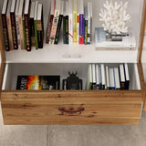 TAMUNE Carved Storage Cabinet with 2 Glass Doors & Drawer, Pooja Mandir with 3-Tier Shelves, Decorative Cabinet Display Cabinet for Living Room White and Walnut (31.5”W x 15.7”D x 70.9”H) TAMUNE