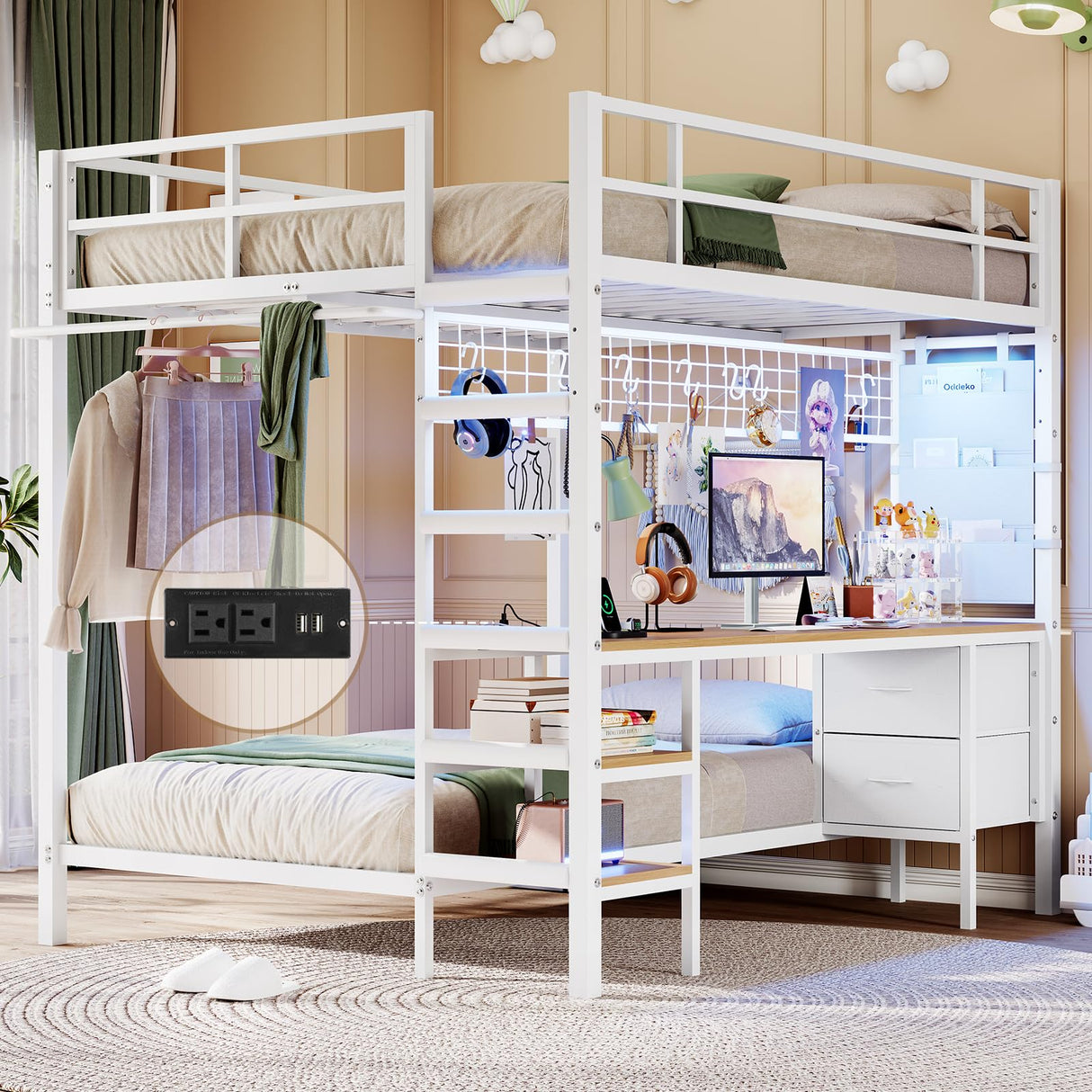 DICTAC Full Over Twin Size Bunk Bed with Desk and Led Lights Metal Loft Bed Frame with Charging Station,Storage Shelves and Drawers for Teen & Adults,Safety Guard & Ladder,No Box Spring Needed,White DICTAC