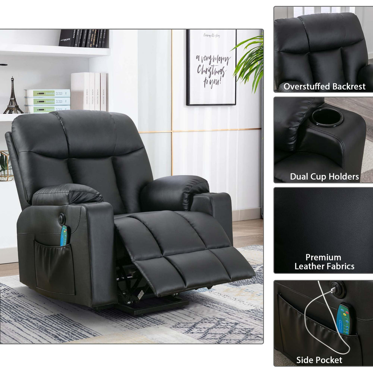 Bonzy Home 26" Extra Wide Lift Chair with Heat and Massage, Faux Leather Power Lift Recliner Massage Chair for Adults Elderly, Upholstered Recliner with 2 Cup Holders, Side Pocket Bonzy Home