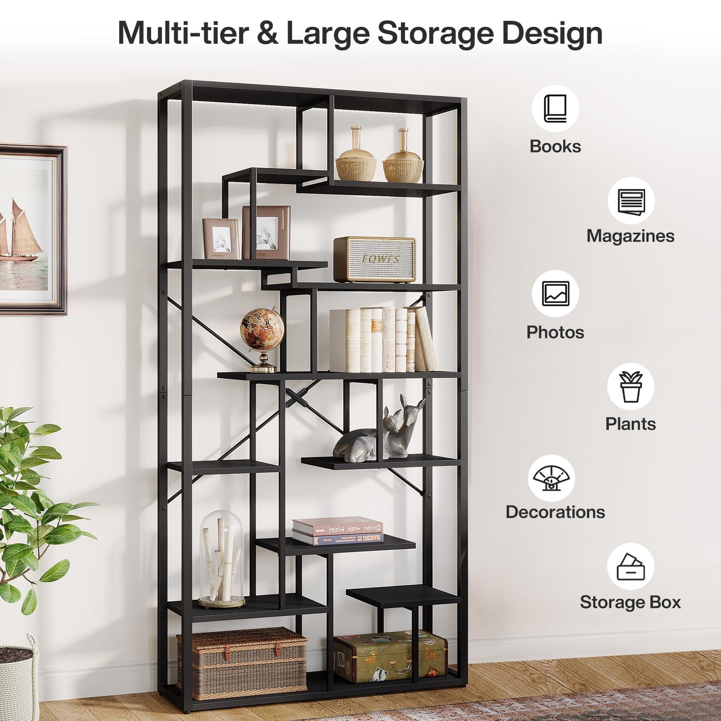 Tribesigns 79'' Black Etagere Bookshelf with 12 Open Shelves - 7-Tier Modern Wood Display Unit - WoodArtSupply