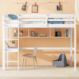Twin Size Loft Bed with Desk for Kids,Solid Wood Loft Bed Frame with Bookcase,Loft Bed Twin with Storage,Space-Saving Loft Bed for Teens Adults,White Bellemave