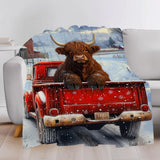 KAFFUL Highland Cow Blanket, Brown Cow in Red Truck, Women's Gift, Winter Snowflakes Farmhouse Decor, 50"x40" KAFFUL