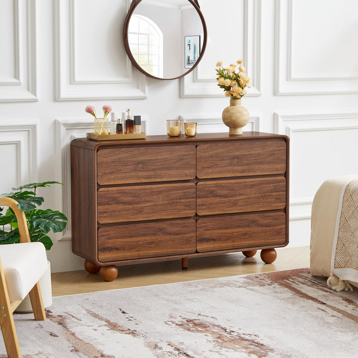 AVZEAR Modern 6 Drawer Dresser for Bedroom, 48" Wide Wooden Dresser Chest of Drawers, Handle Free & Curved Profile Design, Mid Century Closet Clothes Storage Organizer for Living Room, Walnut AVZEAR