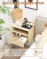 Floating Nightstand Set of 2 - Fluted Night Stand with Charging Station Wood Wall Mounted Nightstand with Drawer & Open Shelf, Modern Bedside Table Large End Table for Bedroom Closet DEMEGA