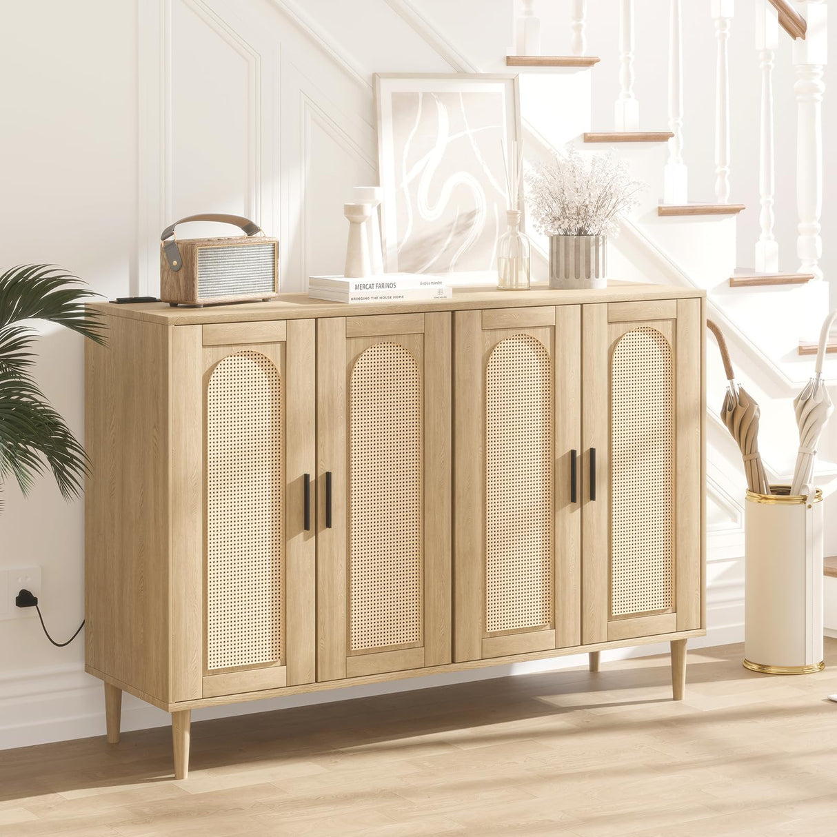 Patikuin Rattan Sideboard Buffet Cabinet, 4 Doors Accent Storage Cabinet, Console Table Coffee Bar with Power Outlet, Adjustable Shelves for Kitchen, Dining Room, Hallway, Living Room, Natural Patikuin