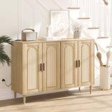 Patikuin Rattan Sideboard Buffet Cabinet, 4 Doors Accent Storage Cabinet, Console Table Coffee Bar with Power Outlet, Adjustable Shelves for Kitchen, Dining Room, Hallway, Living Room, Natural Patikuin