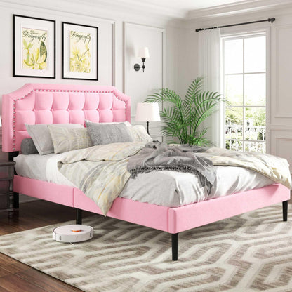 CXVX Queen Size Platform Bed Frame with Headboard, Button Tufted & Rivet Design, No Box Spring Needed, Easy Assembly, No Noise, Pink Velvet