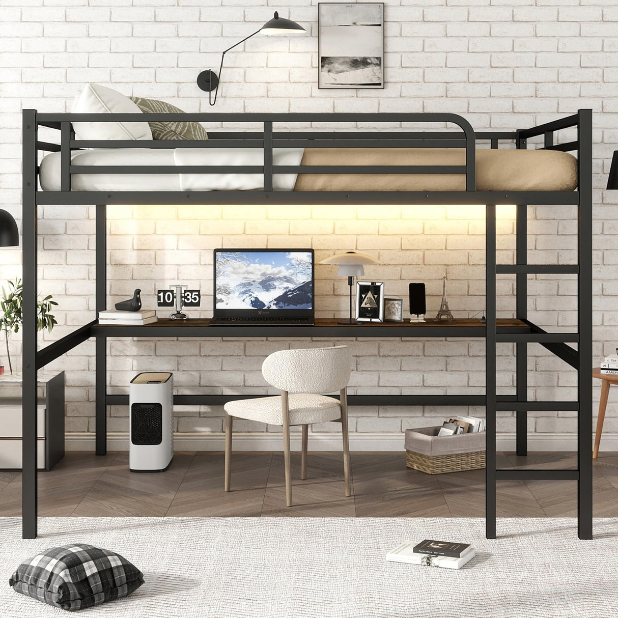 Queen Size Metal Loft Bed with Desk, LED Lights & USB Charging Station, Sturdy Noise-Free High Loft Bed Frame with Safety Guardrails, Space-Saving Loft Bedframe for Adults, Kids, Teens, Black (Queen) XUWANSHANG
