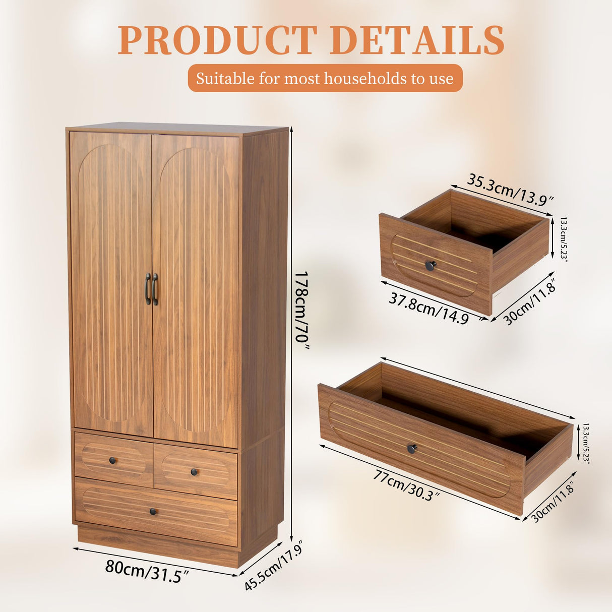 Jluomei Armoire Wardrobe Closet with Doors, Wardrobe Cabinet with 3 Drawers, Wooden Large Clothing Storage Cabinet with Hanging Rod and Shelf, Mid-Century Modern Tall Closet for Bedroom, Walnut Jluomei