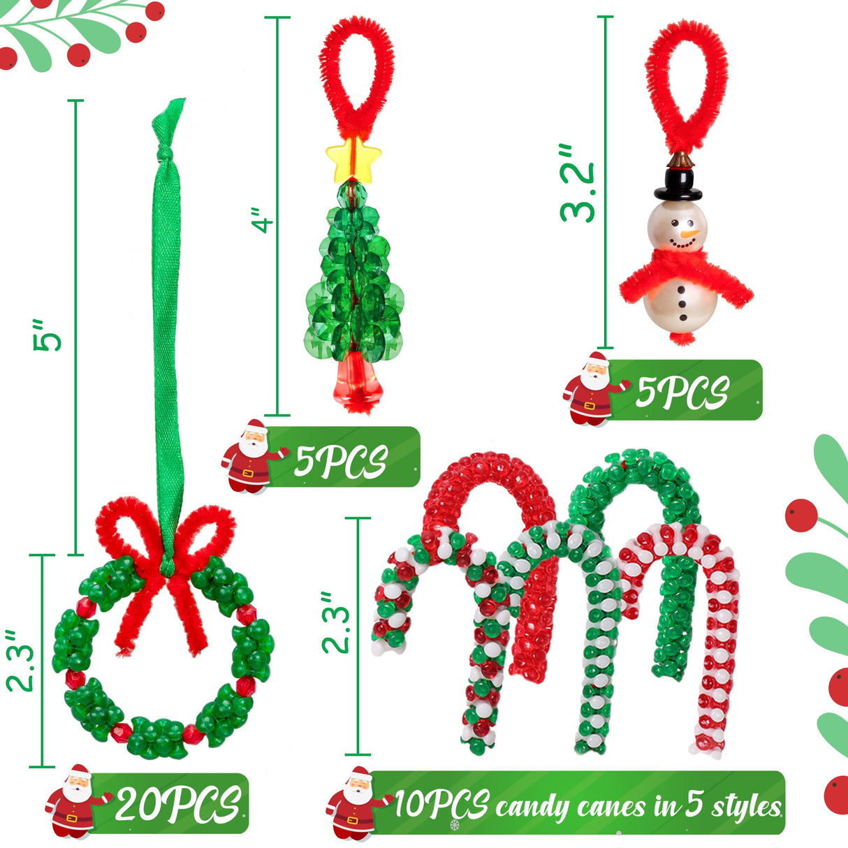 Christmas Crafts for Kids Adults Families, Beaded Ornament Kit to Make Wreath/Candy Cane/Xmas Tree/Snowman, Holiday Decorations Party Supplies, 40 Pieces jollylife
