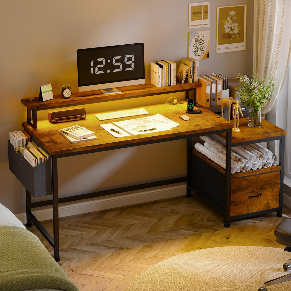 EnHomee 56.5" Computer Desk with File Drawers Cabinet,Home Office Desk with Shelves Monitor Stand,Study Writing Gaming Desk with Power Outlets,Work Table with Printer Space,Rustic Brown EnHomee