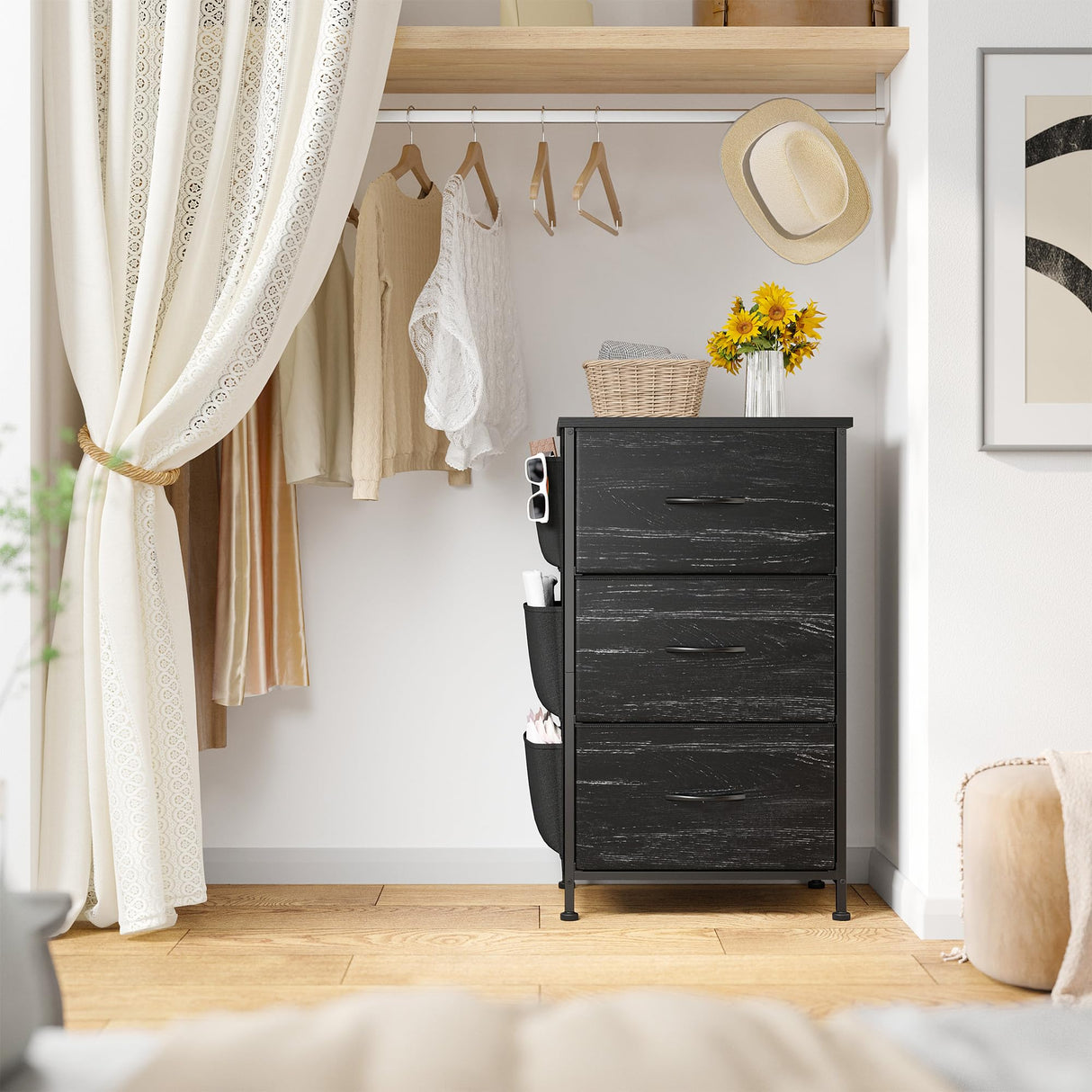 EnHomee Nightstand Set of 2, Night Stand with 3 Drawers for Bedroom, Bedside Table with Wooden Top, Sturdy Steel Frame End Table, Small Dresser for Bedroom, Living Room, Black EnHomee