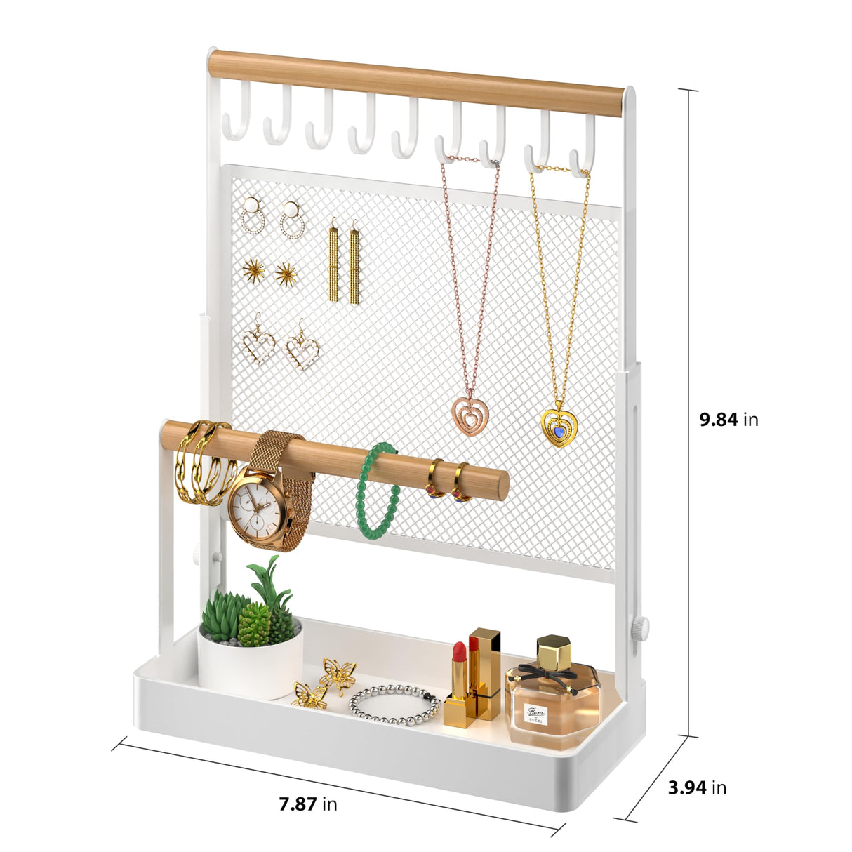 IOAIANIA Jewelry Organizer Stand, Liftable Necklace Holder with Earring Organizer Net, 9 Hooks Necklaces Storage Wooden Handing Bar for Bracelets Watches Rings (White) IOAIANIA