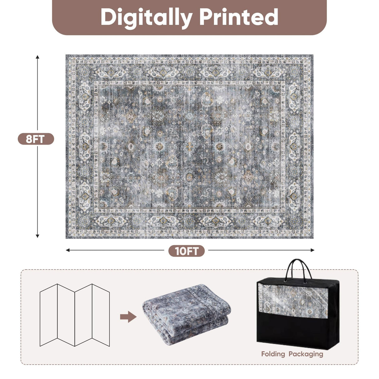 Rugcomf 8x10 Rug Washable Boho Soft Large Area Rug Non-Slip Faux Wool Vintage Rug for Living Room, Farmhouse, Dining Room, Indoor, Kids Playroom (Grey) Rugcomf