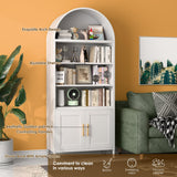 METALYEYE 73" H Metal Arched Cabinet, 5-Tier Arched Bookcase with 2 Doors, Modern Farmhouse Bookshelf with 2 Adjustable Shelves, Kitchen Pantry Cabinet for Living Room, Assembly Required, White METALYEYE