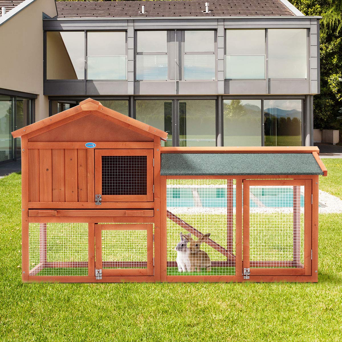 COZIWOW Fashion Durable Wooden Rabbit Hutch Indoor with Removable Tray & Ramp, Bunny Cage Outdoor, Small Animal Houses & Habitats with Waterproof Roof Rabbit Cage(Orange) - WoodArtSupply