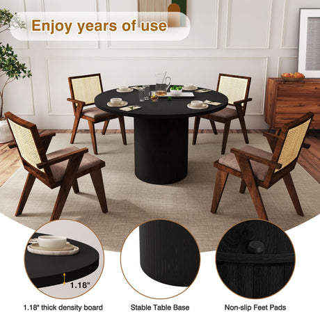 47 Inch Round Dining Table, Farmhouse Fluted Dining Kitchen Table, Modern Wood Small Circle Dining Table for Kitchen Living Room, Black PHOYAL