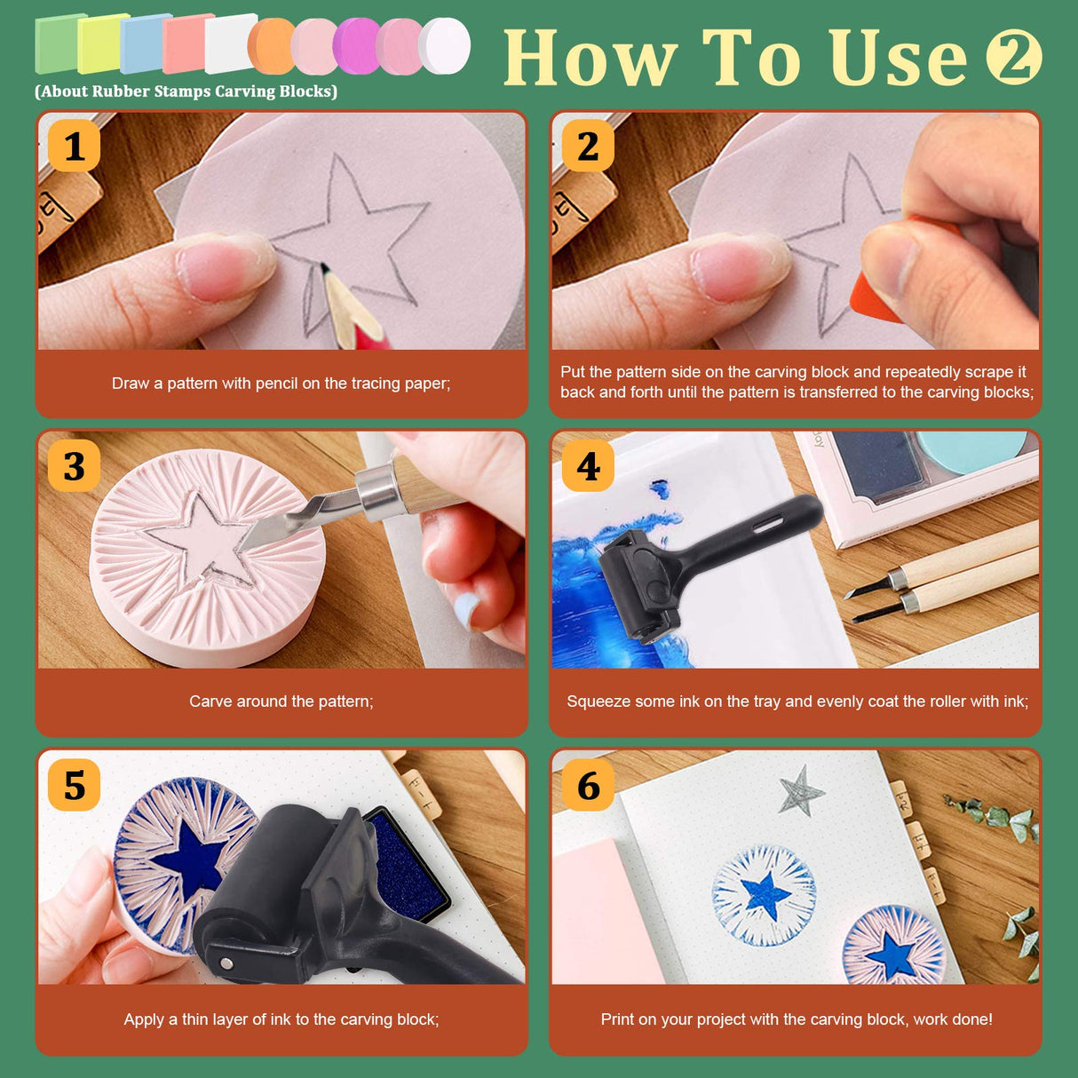 Keadic 24 Pieces Block Printing Starter Tool Kit, Rubber Stamps Making Set with Round & Square Rubber Carving Blocks, Linoleum Cutter Tools & Grindstone for Stamp Carving and Printmaking Keadic