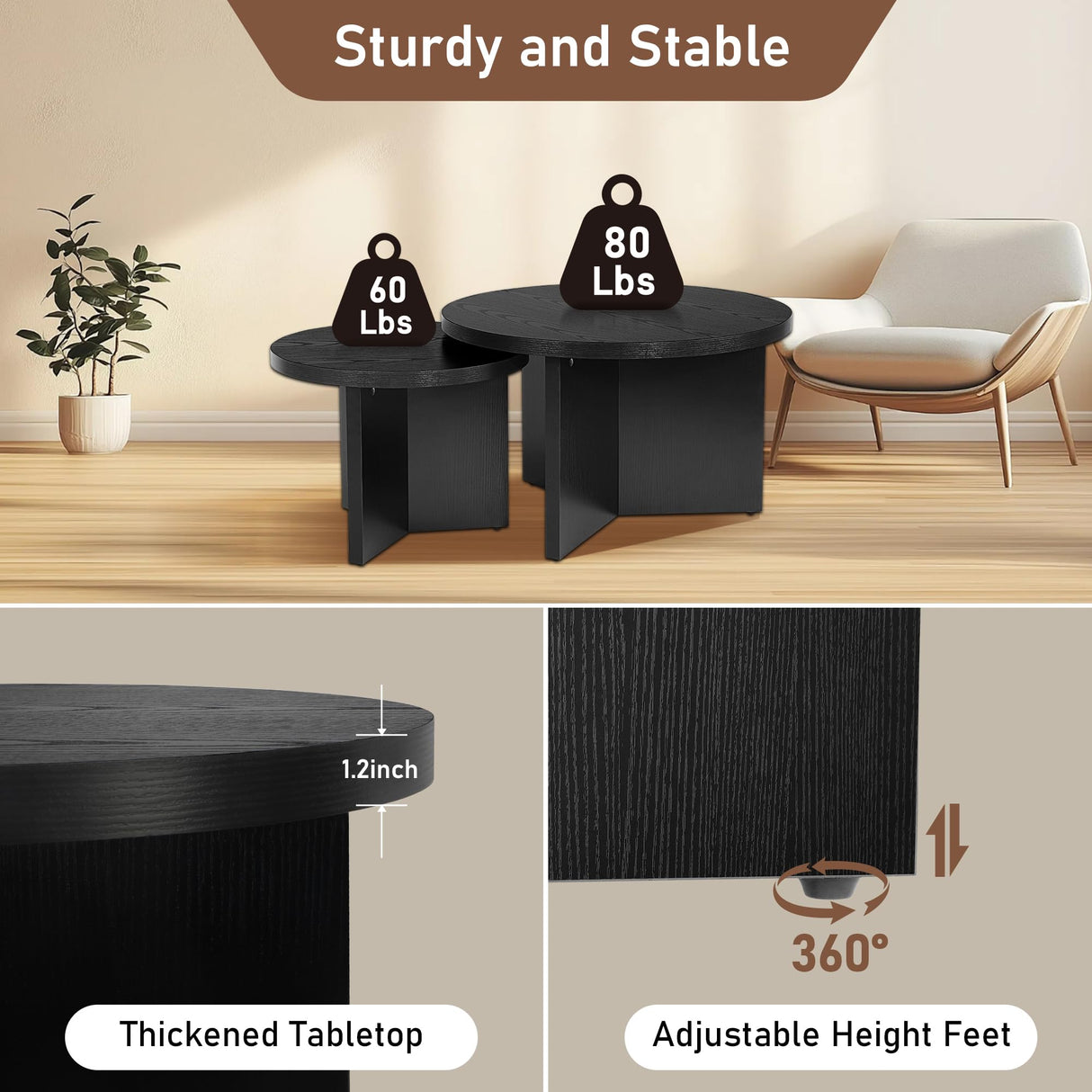 QuicMiou Round Nesting Coffee Table Set of 2, Modern Stacking Table with Wood Grain Finish, End Table Side Tables for Living Room (Black) QuicMiou