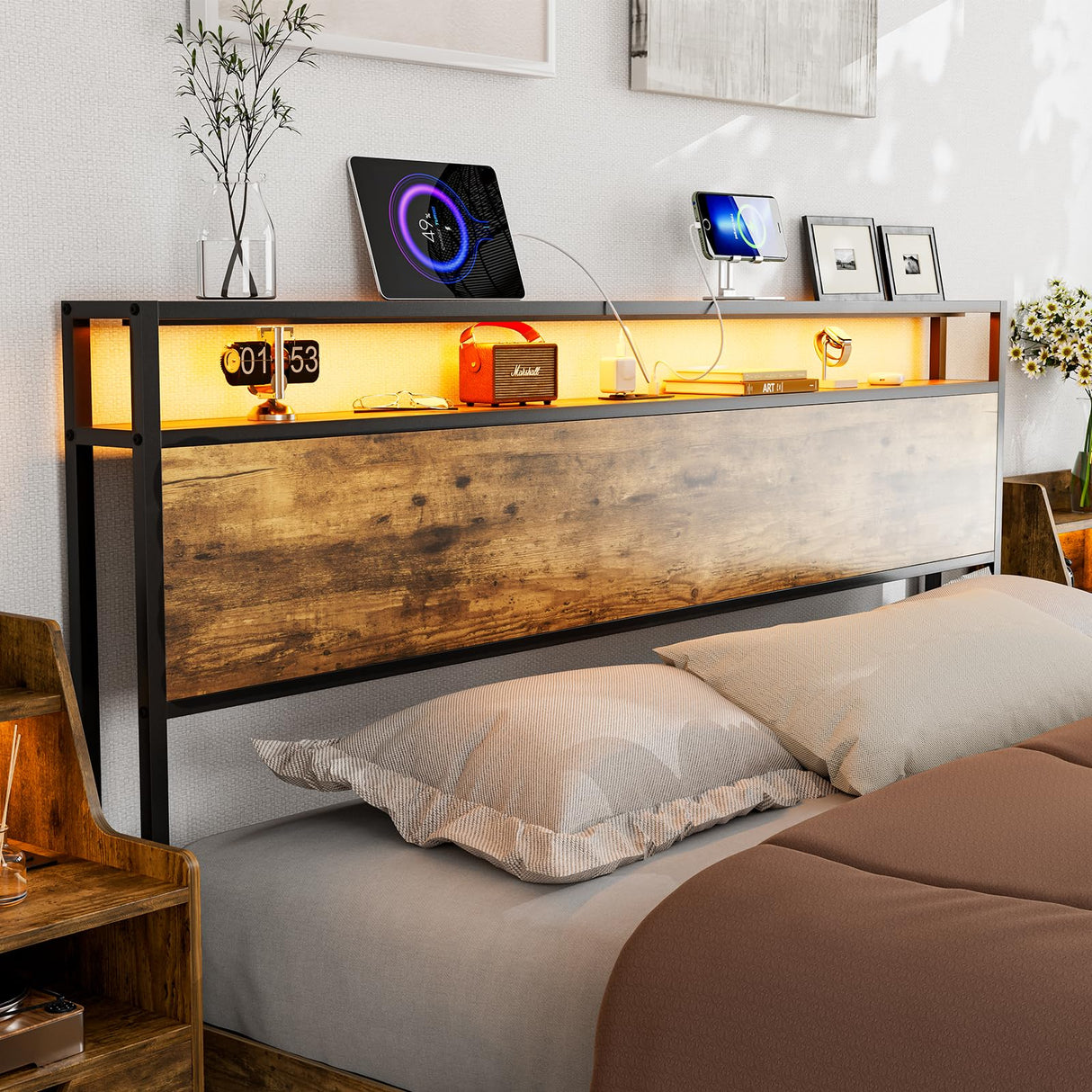 IKIFLY King Size Rustic Brown Storage Headboard with LED Lights & Charging Station IKIFLY