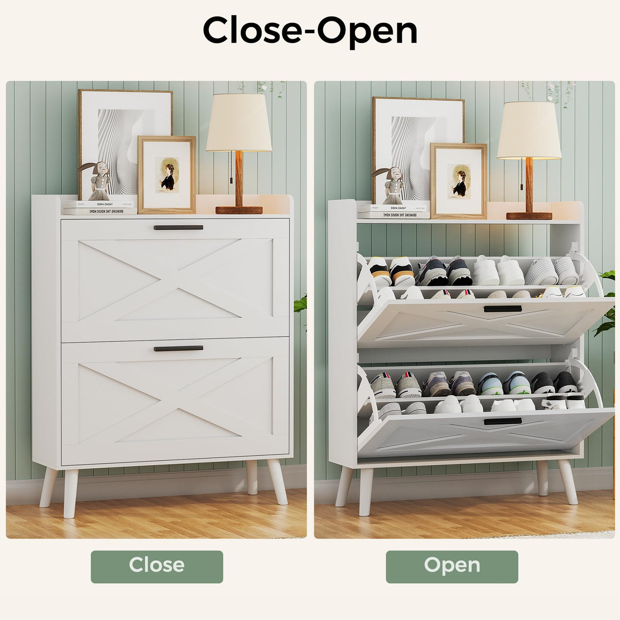 Homleke Farmhouse Shoe Storage Cabinet with 2 Flip Drawers and Barn Door Design, Adjustable Shelves, Modern Hidden Slim Narrow Shoe Rack Cabinet for Entryway, Foyer, Hallway, Living Room, White Homleke