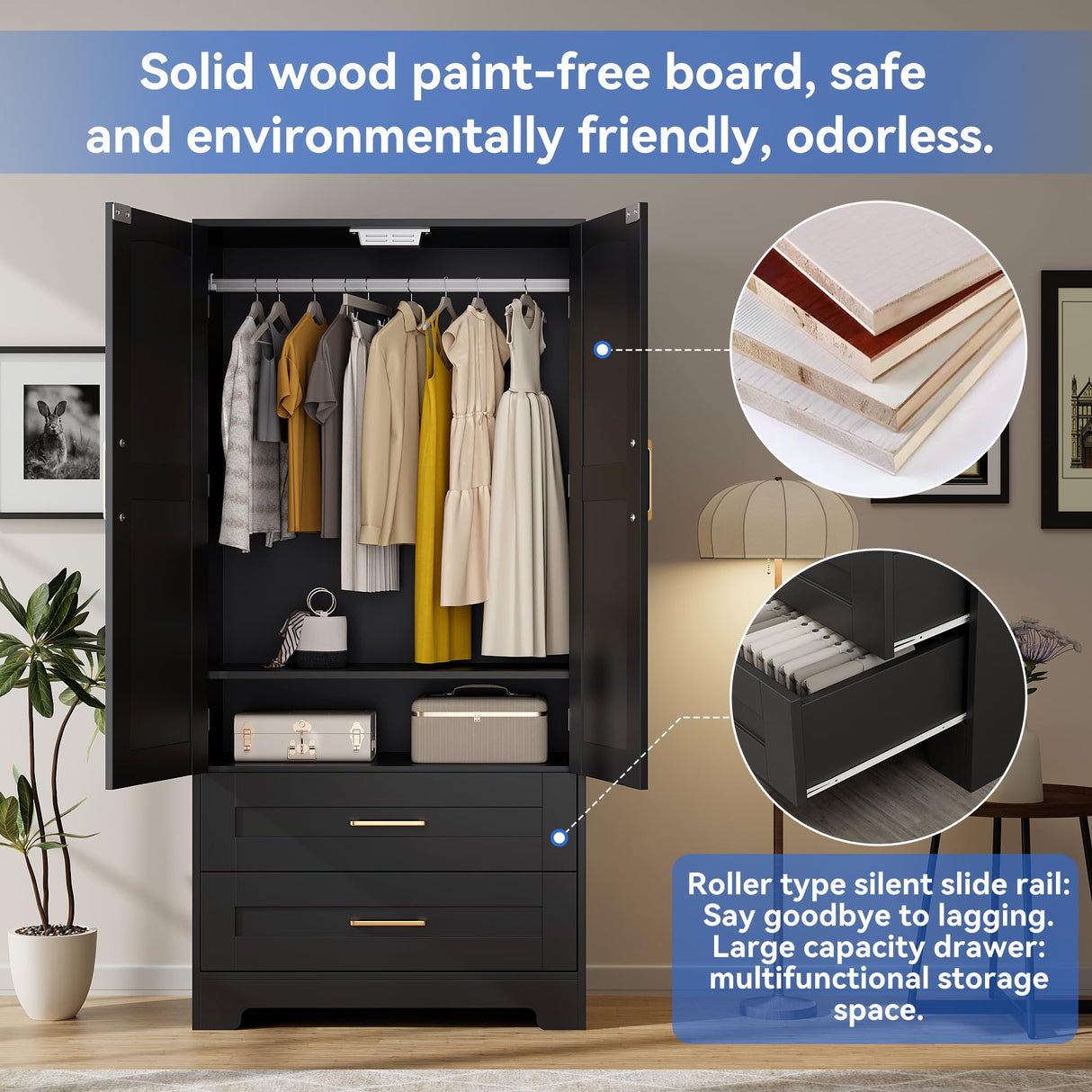 Wooden Armoire Wardrobe Closet with 2 Drawers, Bedroom Armoires with Door and Shelves, Freestanding Wardrobe Clothing Storage Cabinet with Hanging Rod for Bedroom, Laundry Room, Cloak Room（Black） Honsiva