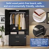 Wooden Armoire Wardrobe Closet with 2 Drawers, Bedroom Armoires with Door and Shelves, Freestanding Wardrobe Clothing Storage Cabinet with Hanging Rod for Bedroom, Laundry Room, Cloak Room（Black） Honsiva