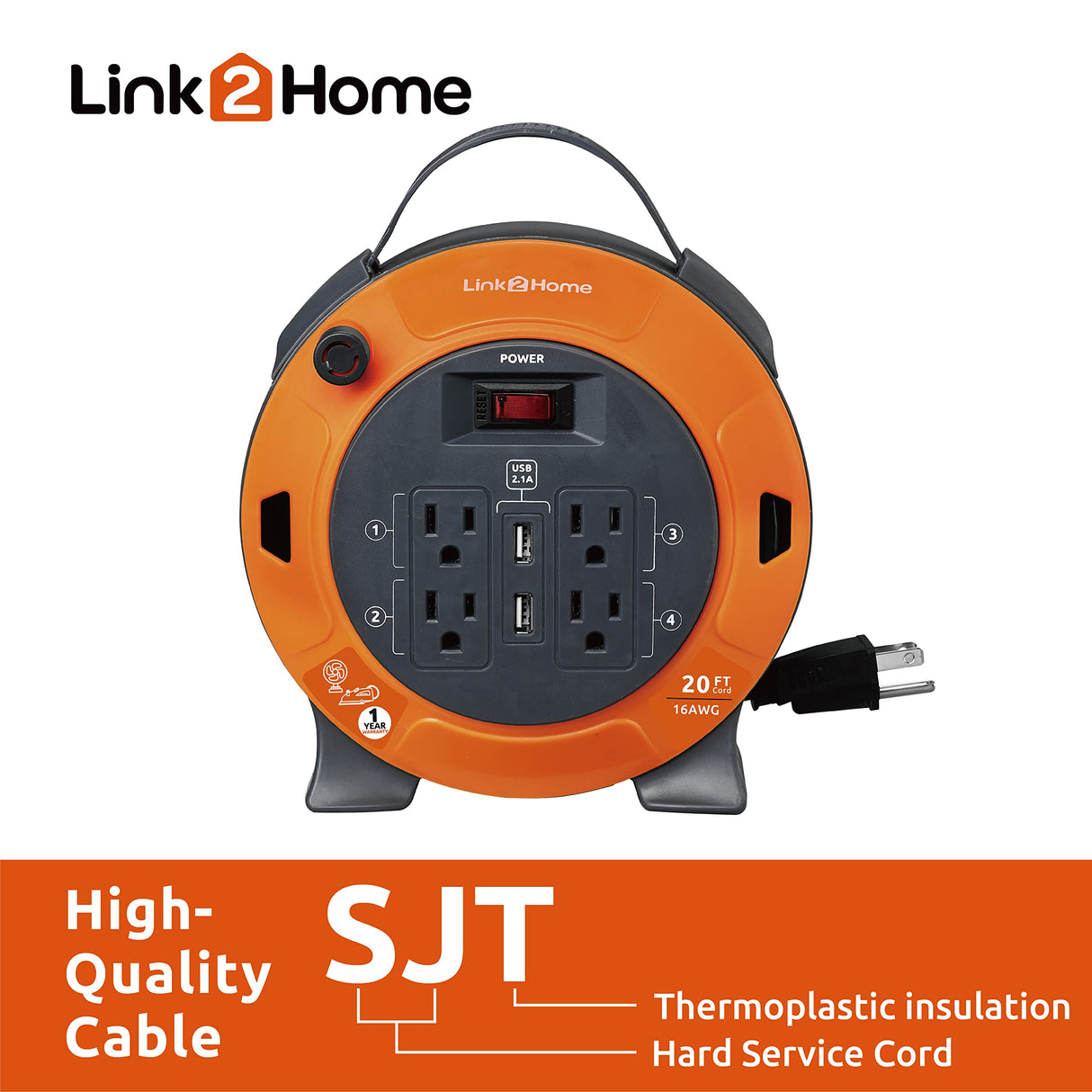Link2Home Heavy Duty Retractable Extension Cord Reel 20 Ft. With 4 Outlets, 2 USB Ports & 16 AWG 3-Prong SJT Cord Link2Home