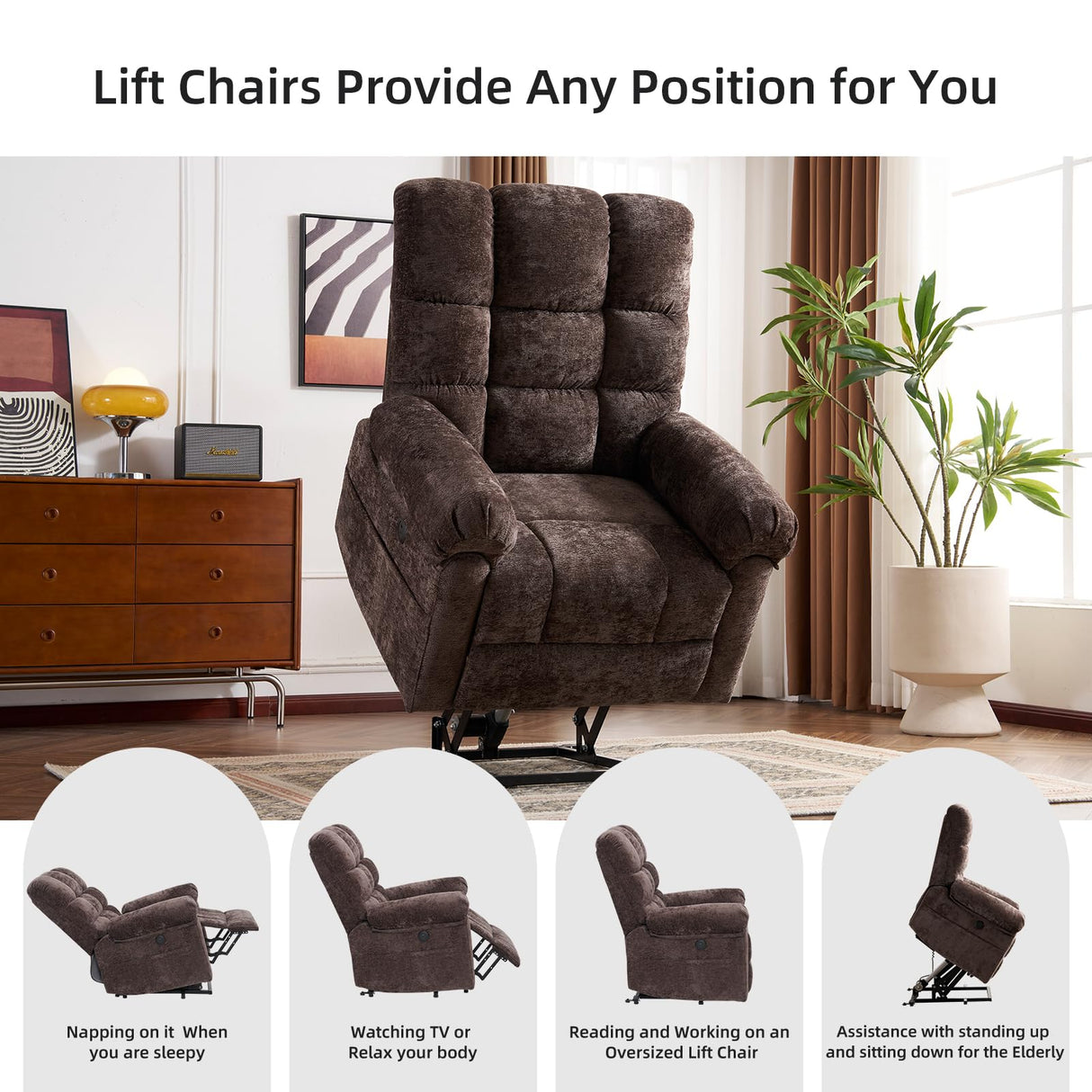Rhevoy Oversized Power Lift Recliner Chair with Massage and Heat for Elderly, 26" Extra Wide Lift Chair for Big and Tall, Chenille Electric Lift Recliner with Overstuffed Backrest, USB Port, Coffee Rhevoy