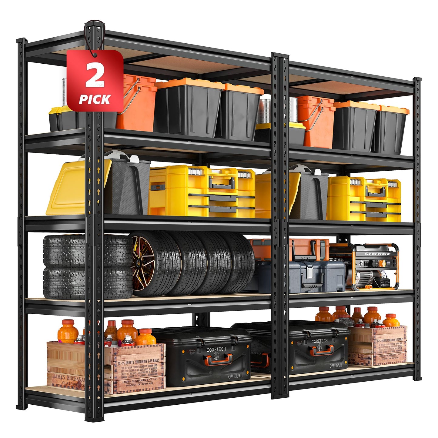 REIBII 5 Tier Storage Shelves 2 Packs Garage Shelving Heavy Duty Load 2000LBS， 60" H x 27.6" W x 11.8" D Adjustable Metal Shelving Unit, Utility Rack Shelf for Basement Pantry Shed Warehouse, Black