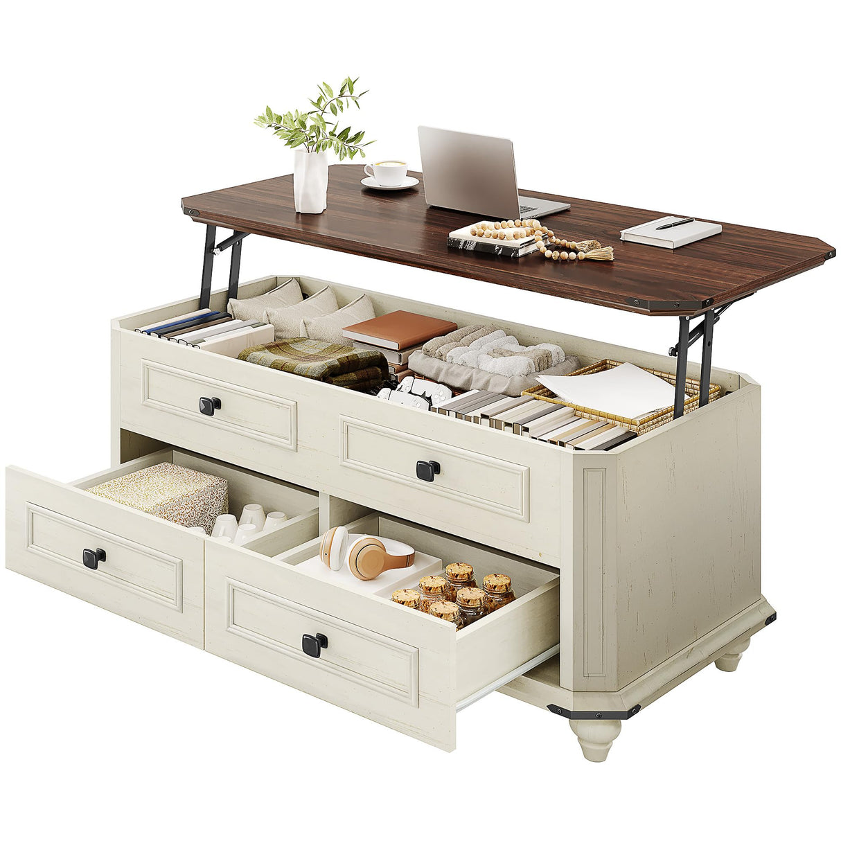 DWVO Lift Top Coffee Table with Storage, Farmhouse Wood Central Table w/Large Hidden Compartment, 2 Storage Drawers, Lift Tabletop Dining Table for Living Room, Reception Room, Rustic White DWVO