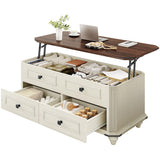 DWVO Lift Top Coffee Table with Storage, Farmhouse Wood Central Table w/Large Hidden Compartment, 2 Storage Drawers, Lift Tabletop Dining Table for Living Room, Reception Room, Rustic White DWVO