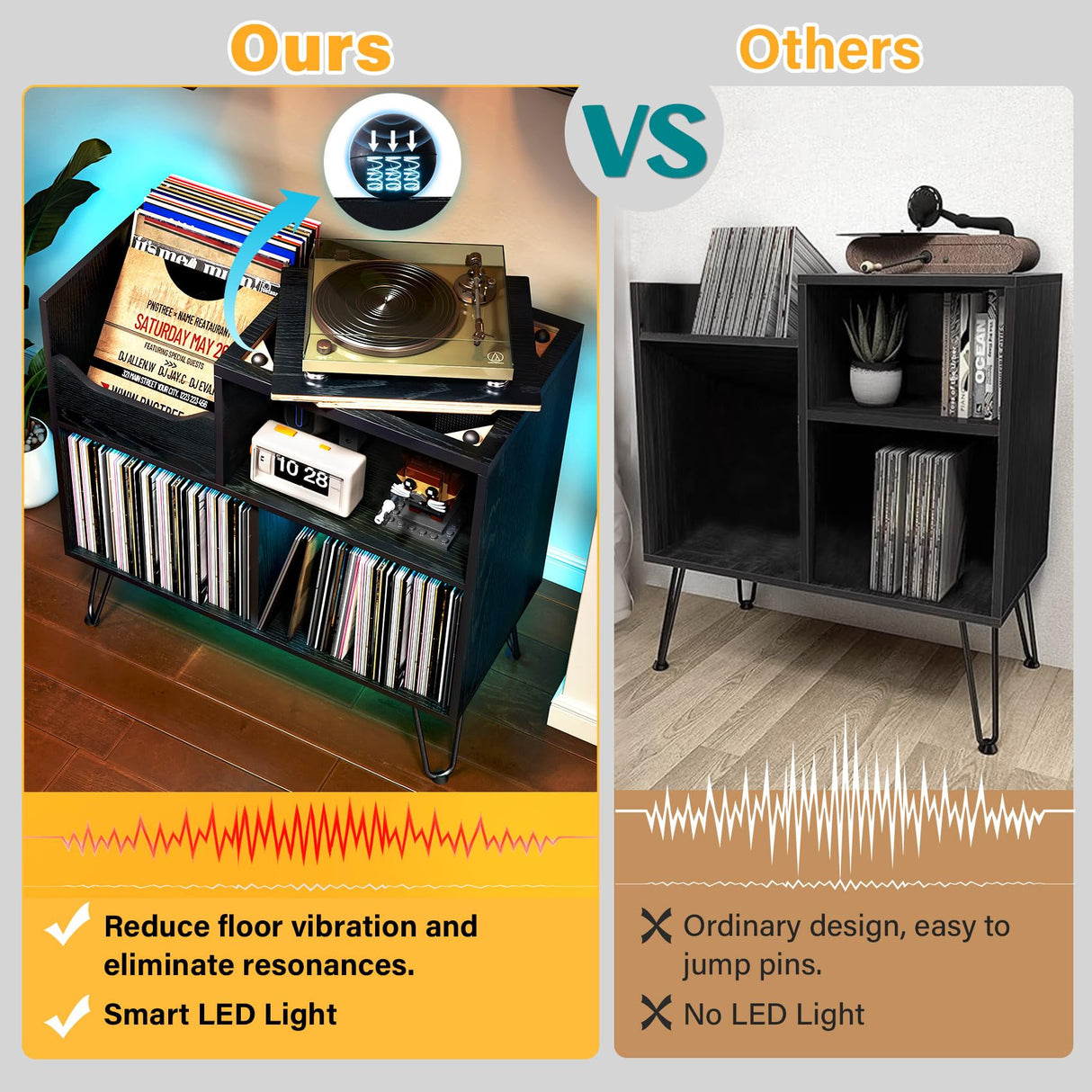 TC-HOMENY Record Player Stand with Vibration-Isolated Turntable Design, Vinyl Record Storage Table with Charging Station, Mid-Century Modern Turntable Stand (Black) TC-HOMENY