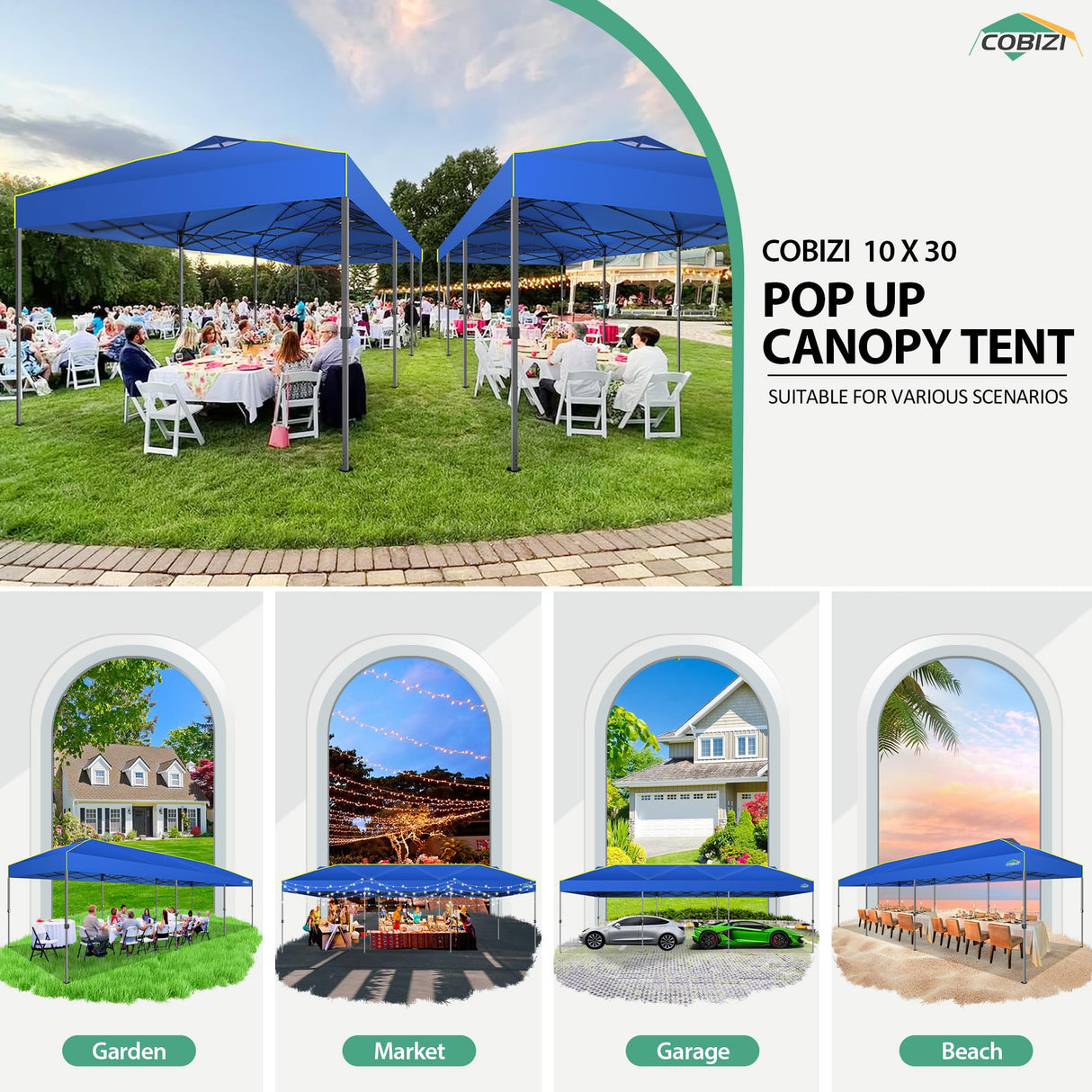 COBIZI 10x30 Pop Up Canopy Tent with Air Vent EZ Pop Up Party 10x30 Canopy Tent Waterproof and UPF50+,Outdoor Canopy Tent for Parties Wedding Events,with Roller Bag, Sandbags(Blue COBIZI