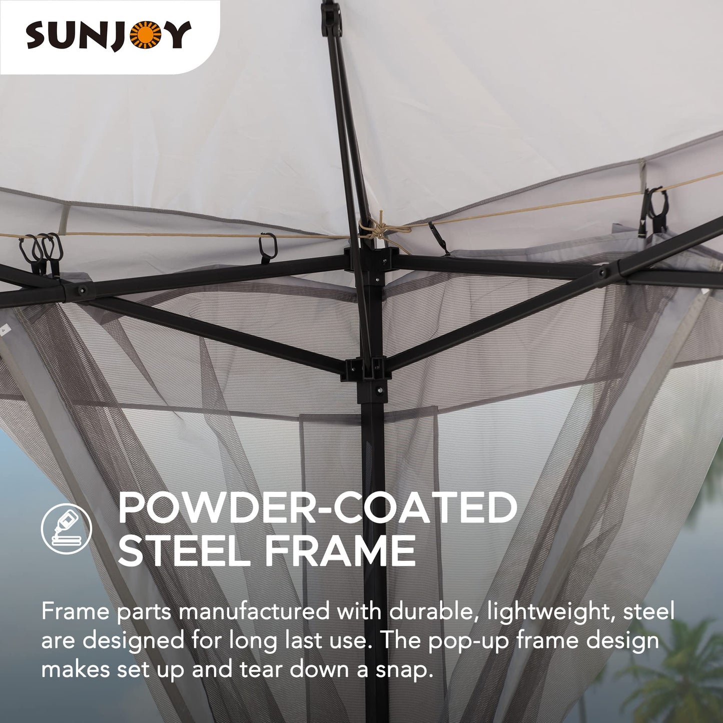 Sunjoy 11x11 ft. Pop-Up Instant Gazebo, Outdoor Portable Steel Frame 2-Tier Top Canopy/Tent with Netting and Carry Bag, Gray - WoodArtSupply